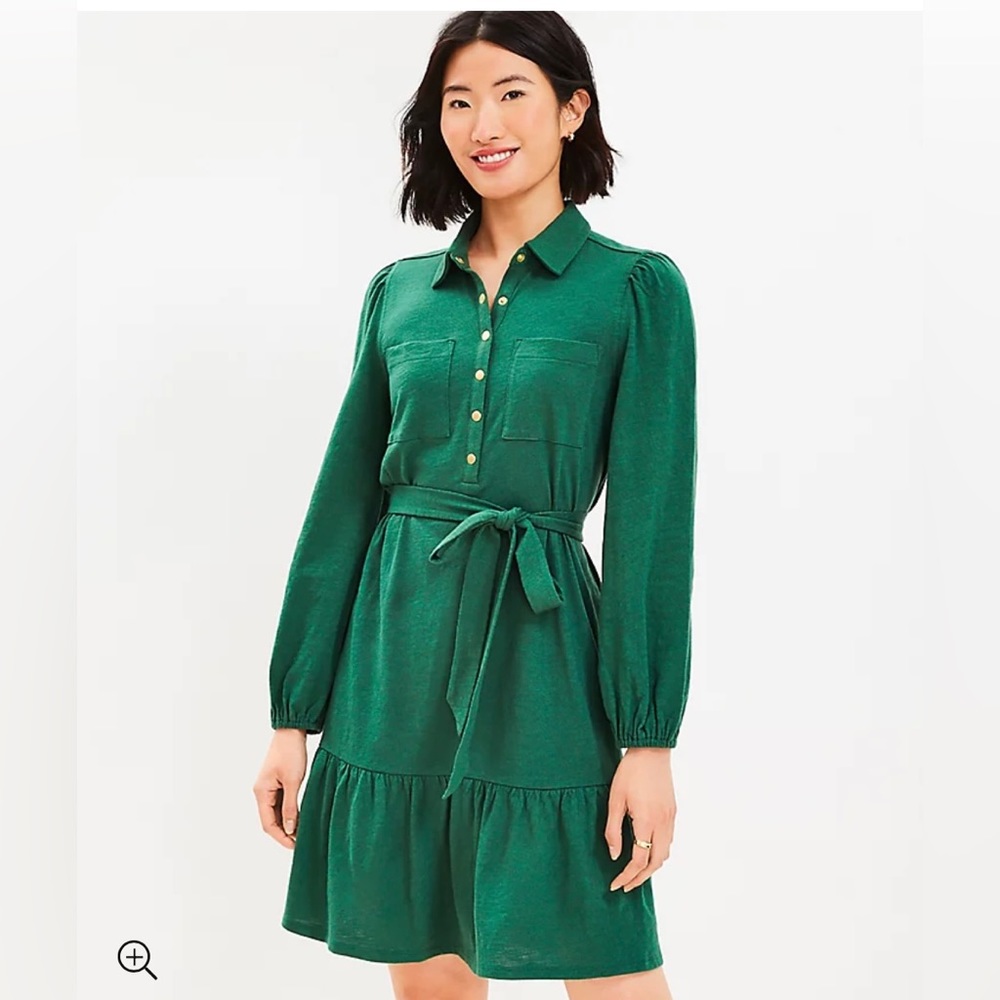 Loft — Flounce Pocket Shirtdress — XL — Mystic Forest Green